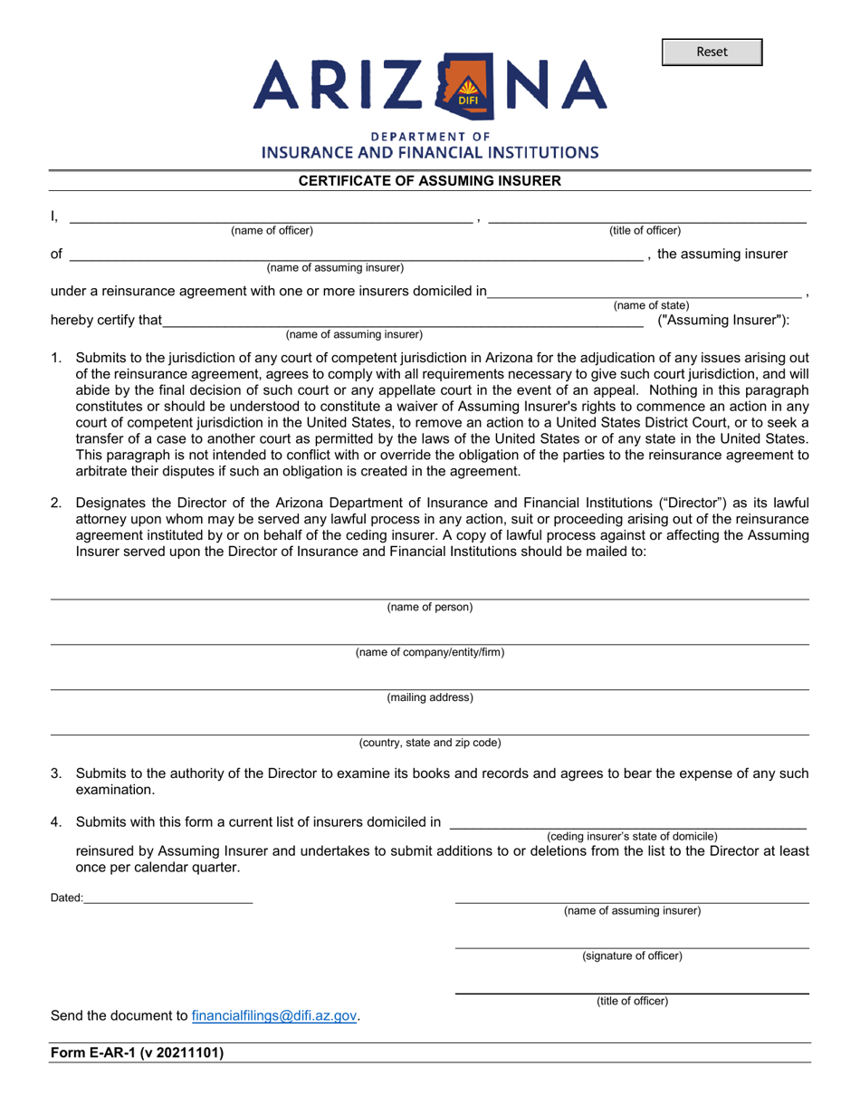 Form E-AR-1 Certificate of Assuming Insurer - Arizona, Page 1