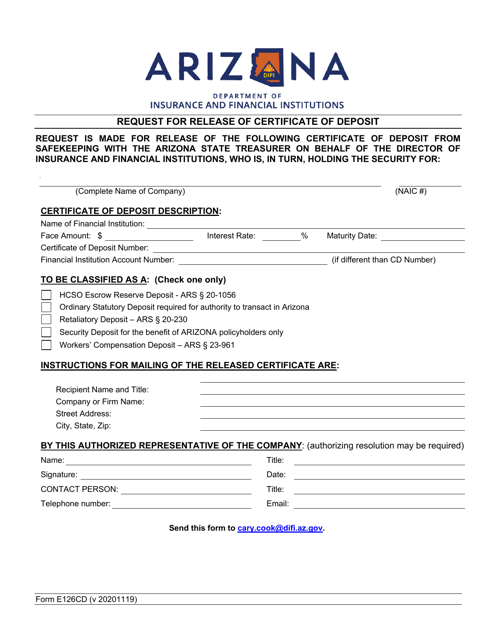 Form E126CD Request for Release of Certificate of Deposit - Arizona