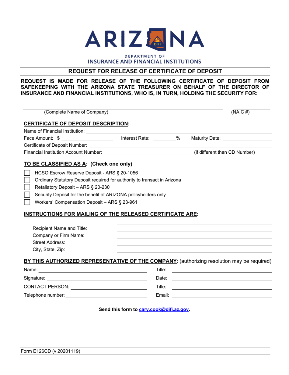 Form E126CD Request for Release of Certificate of Deposit - Arizona, Page 1