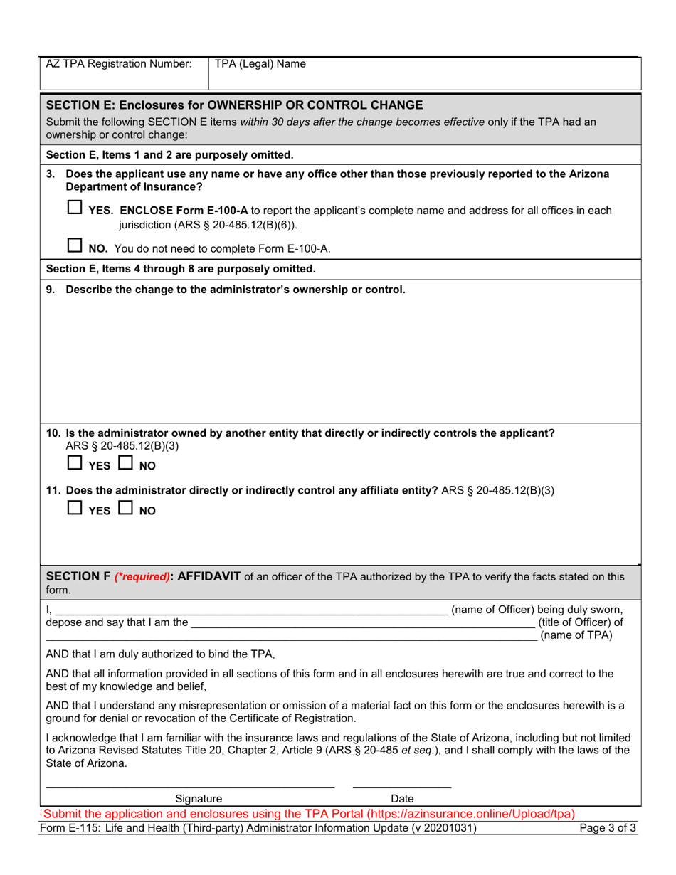 Form E115 Download Fillable PDF or Fill Online Life and Health (ThirdParty) Administrator