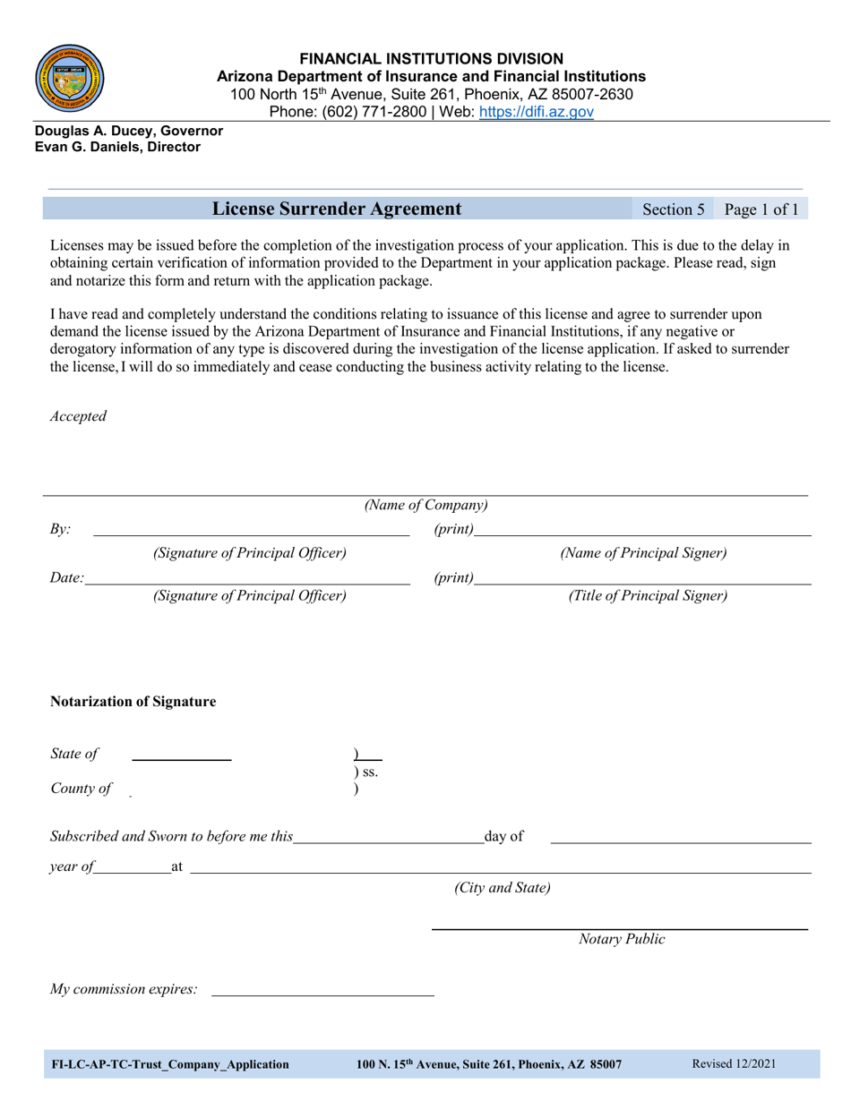Section 5 License Surrender Agreement - Arizona, Page 1