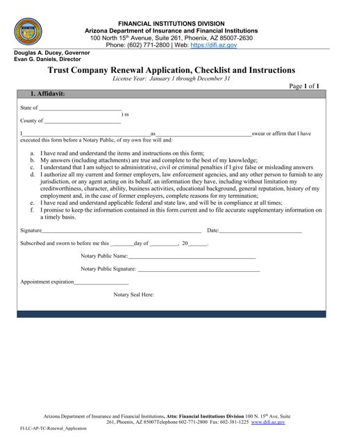 Trust Company Renewal Application - Affidavit - Arizona