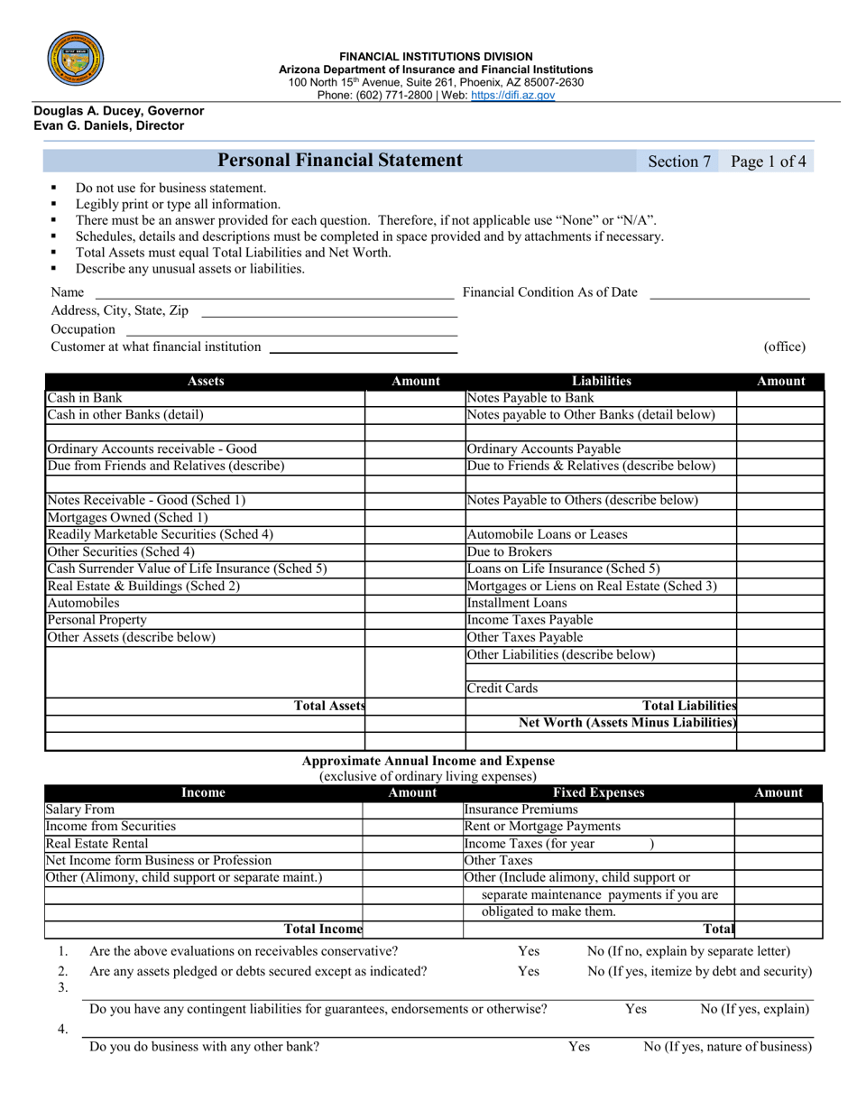 Section 7 Personal Financial Statement - Arizona, Page 1