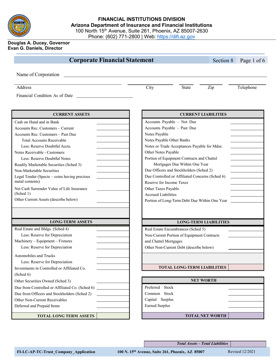 Section 8 Corporate Financial Statement - Arizona, Page 1