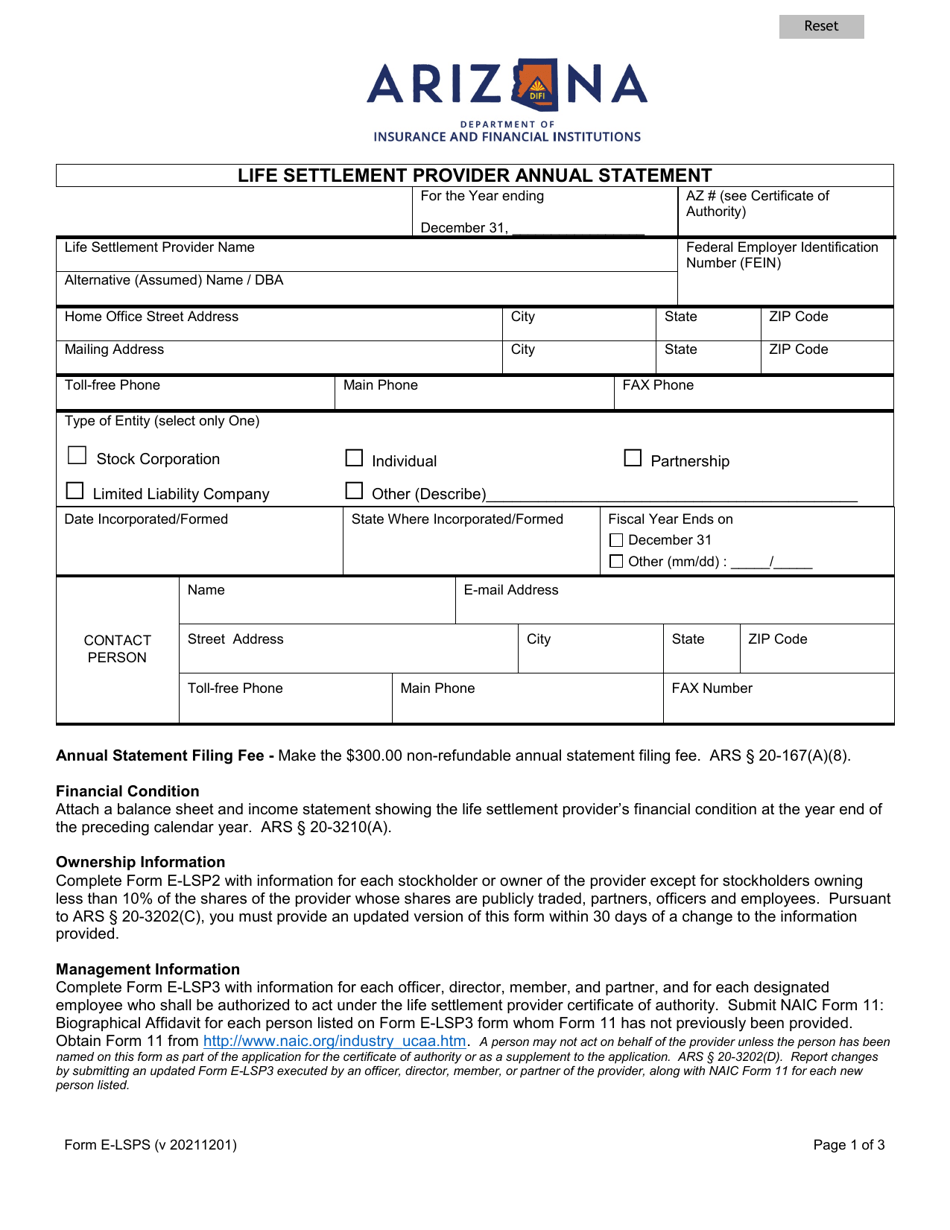 Form E-LSPS Life Settlement Provider Annual Statement - Arizona, Page 1