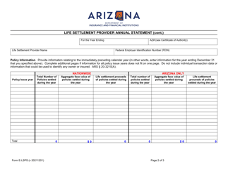 Form E-LSPS Life Settlement Provider Annual Statement - Arizona, Page 2