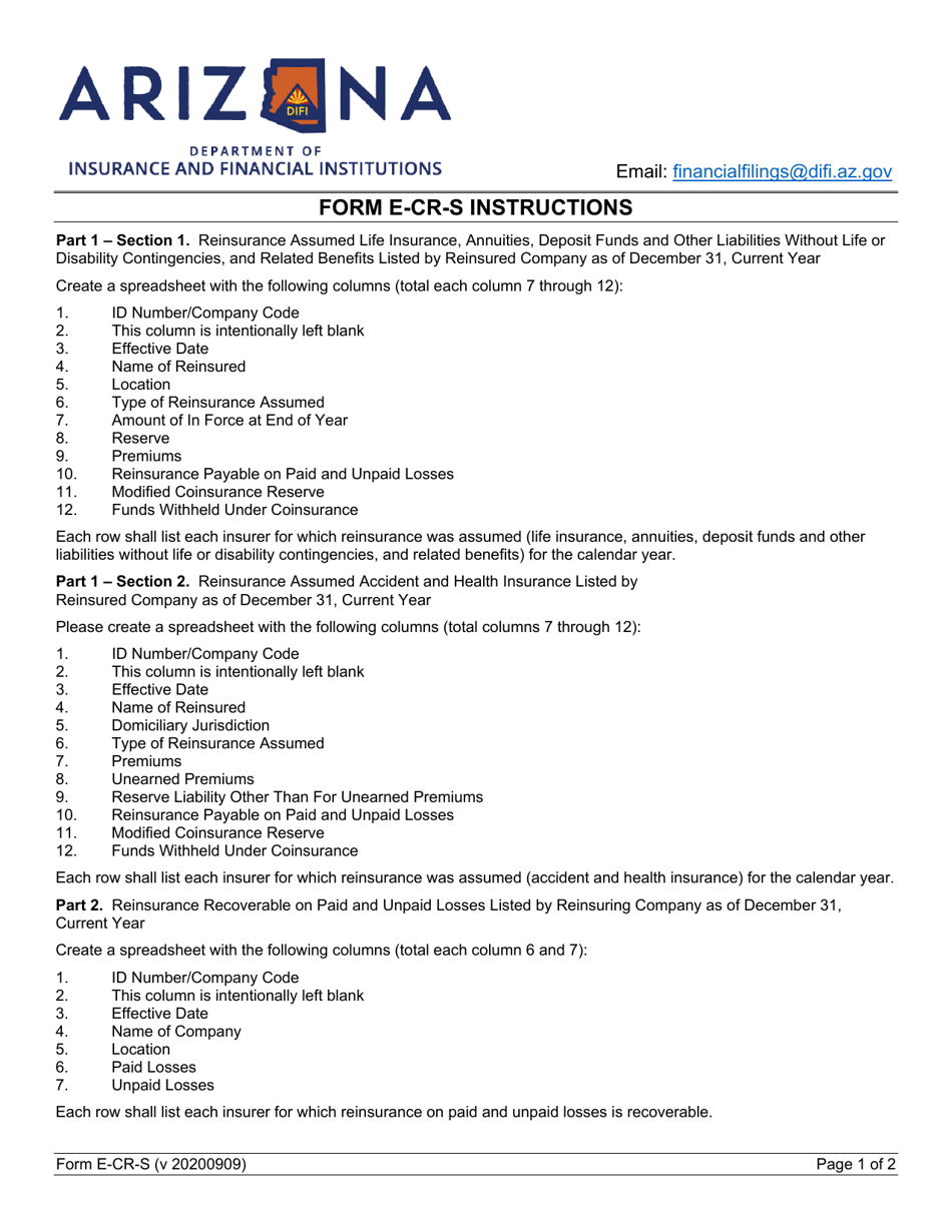 Instructions for Form E-CR-S - Arizona, Page 1