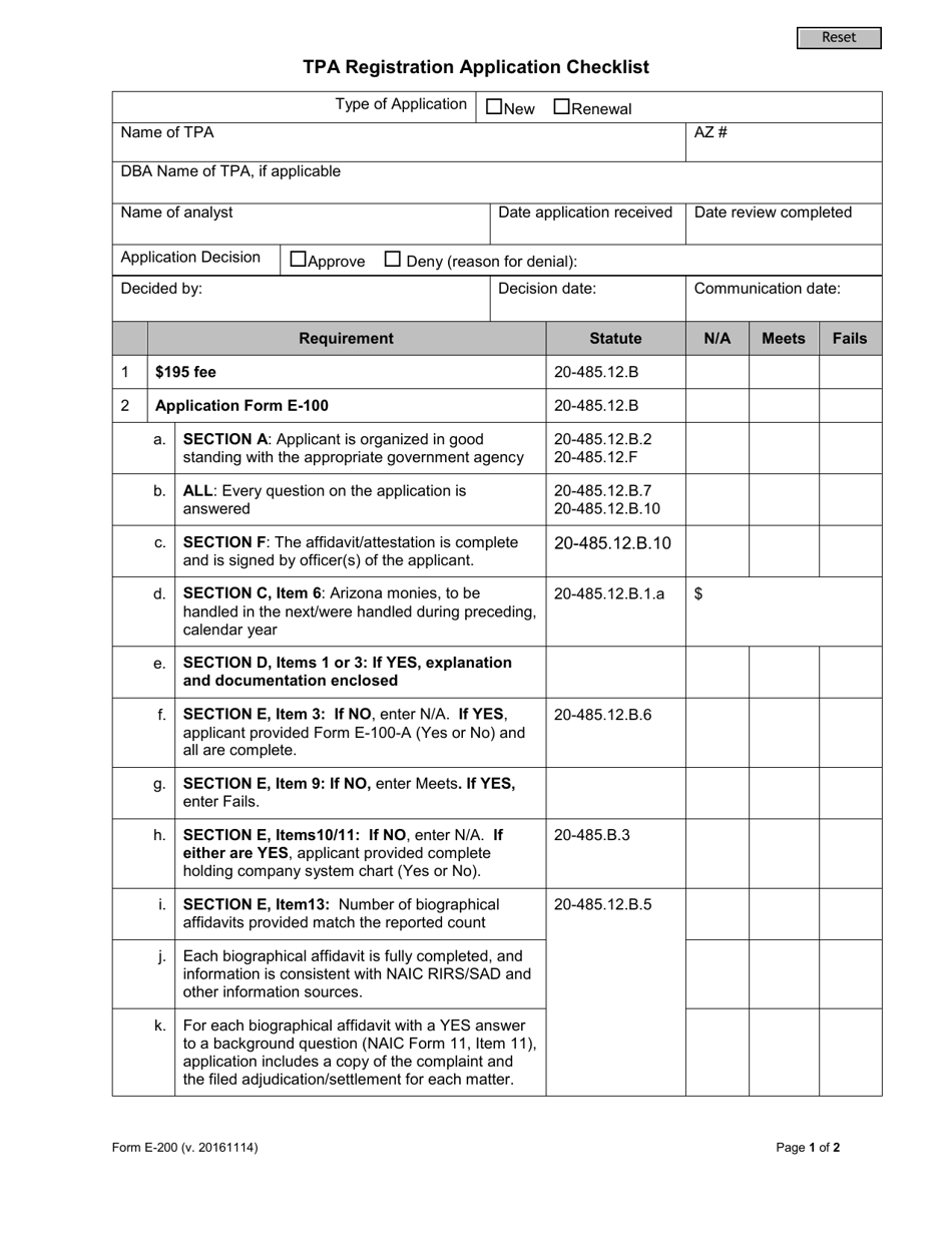 Form E-200 Tpa Registration Application Checklist - Arizona, Page 1