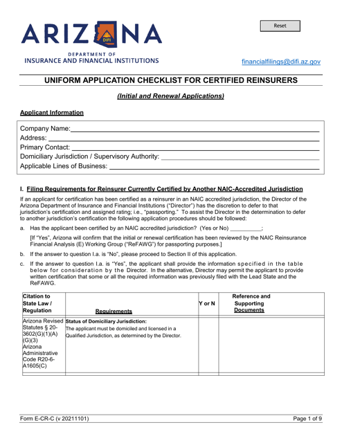 Form E-CR-C Uniform Application Checklist for Certified Reinsurers - Arizona