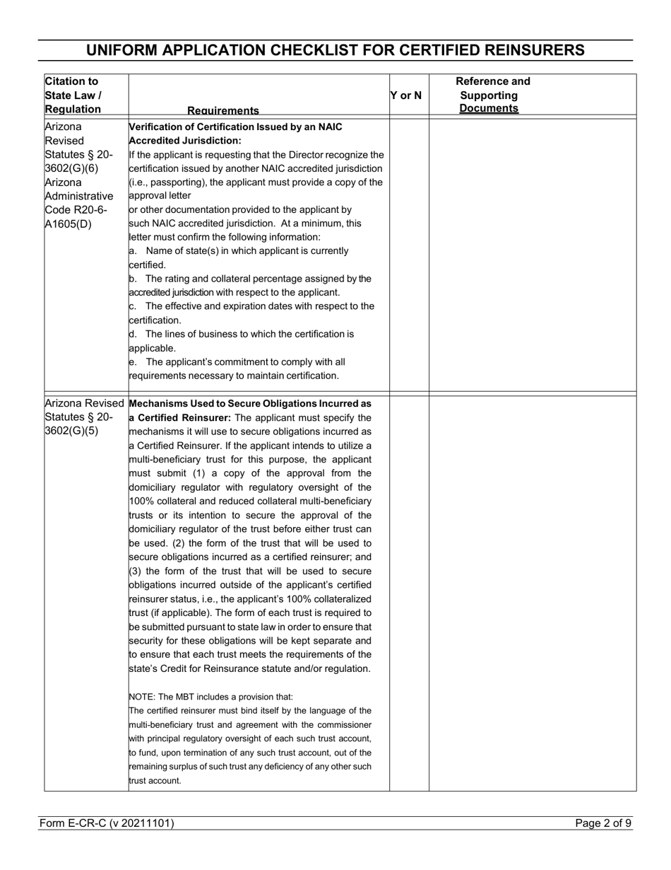 Form E-CR-C Uniform Application Checklist for Certified Reinsurers - Arizona, Page 2