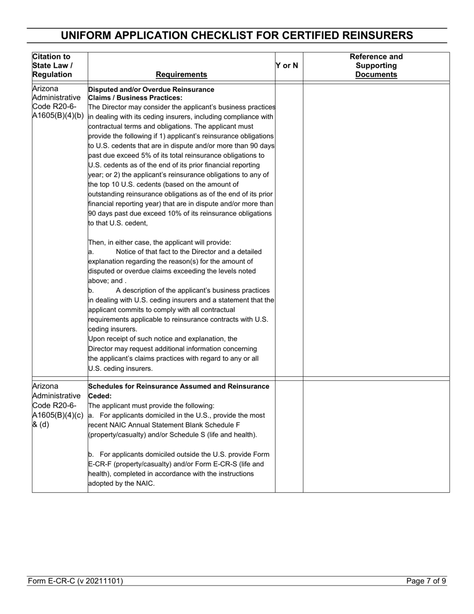 Form E-CR-C Uniform Application Checklist for Certified Reinsurers - Arizona, Page 7