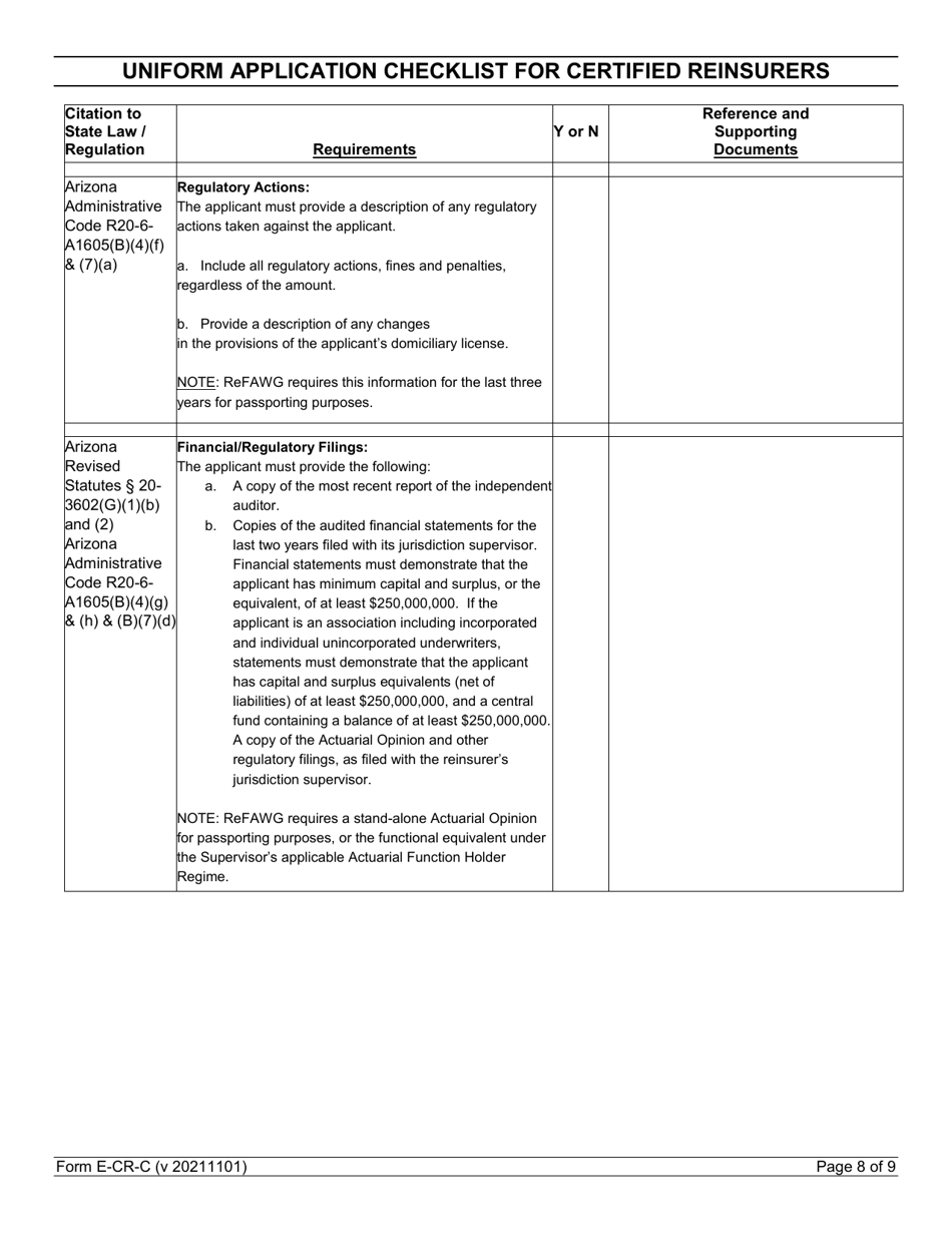 Form E-CR-C Uniform Application Checklist for Certified Reinsurers - Arizona, Page 8