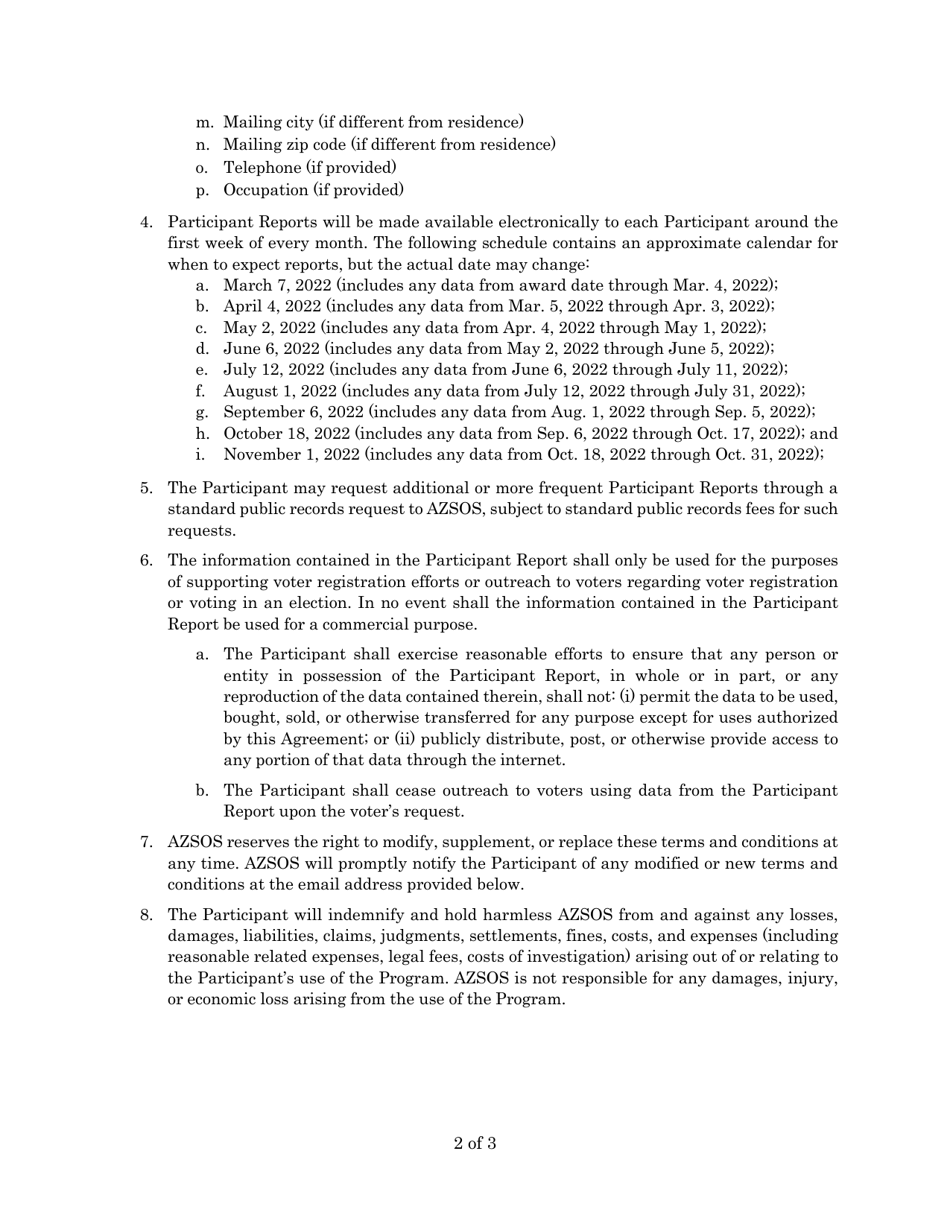 Participant Agreement - Online Voter Registration Unique Url Program - Arizona, Page 2