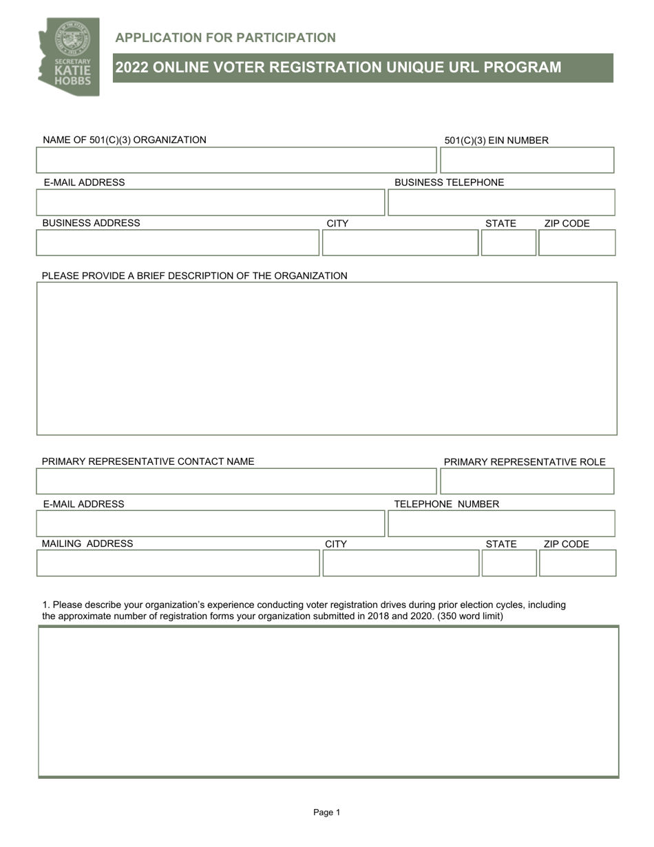 Application for Participation - Online Voter Registration Unique Url Program - Arizona, Page 1