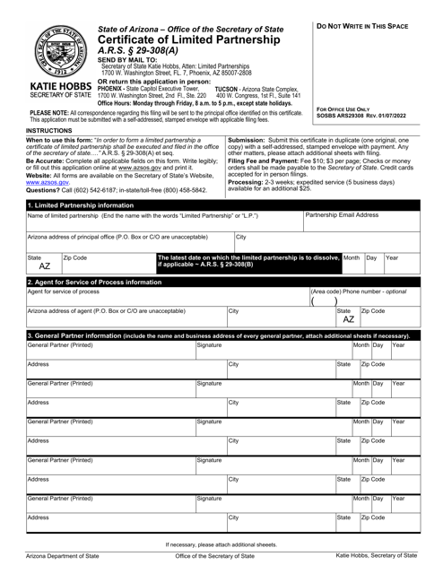 Certificate of Limited Partnership - Arizona Download Pdf