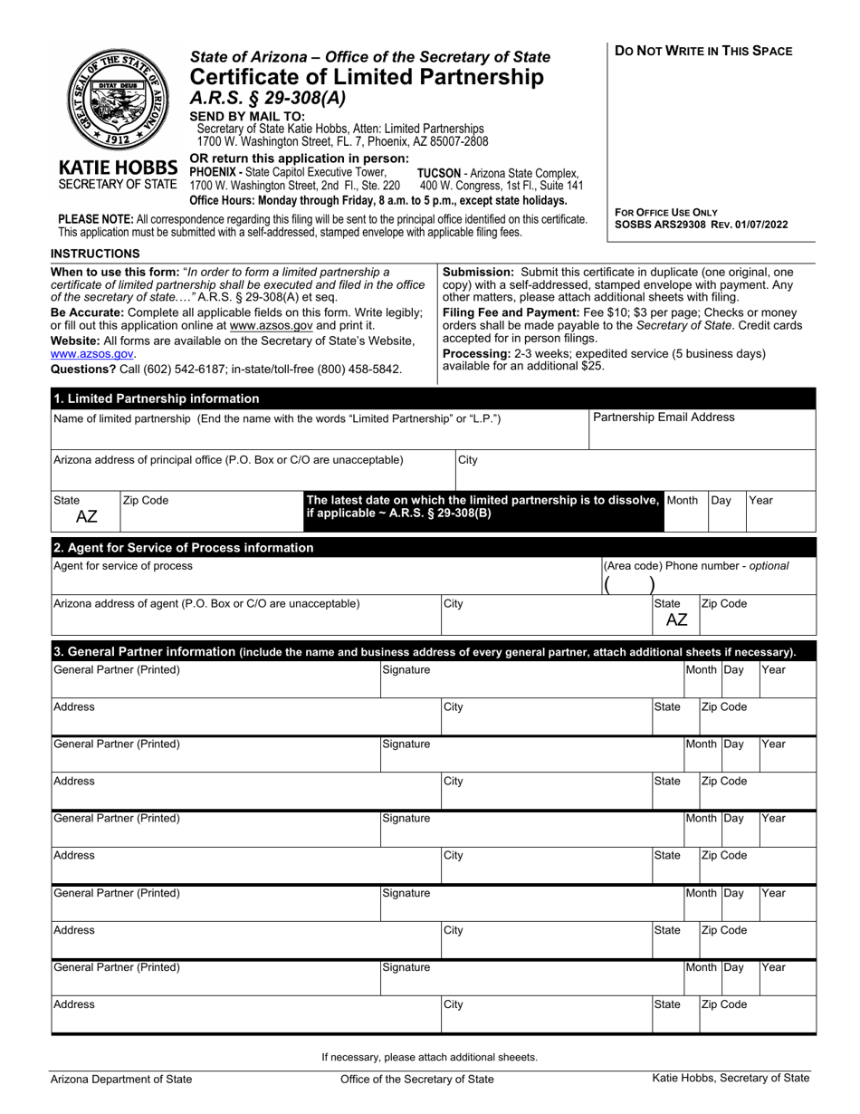 Certificate of Limited Partnership - Arizona, Page 1