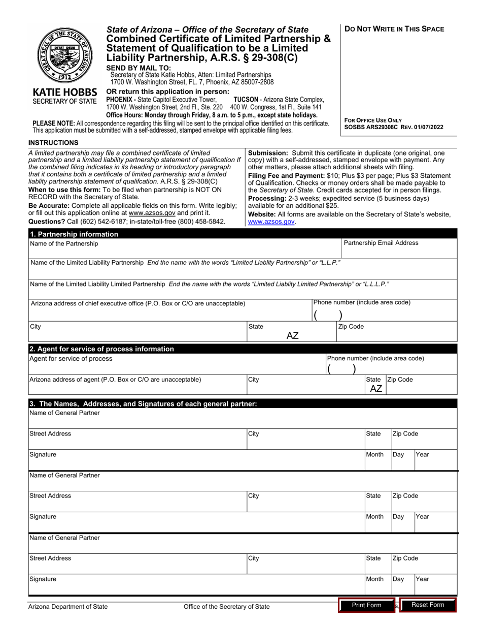 Arizona Combined Certificate of Limited Partnership & Statement of ...