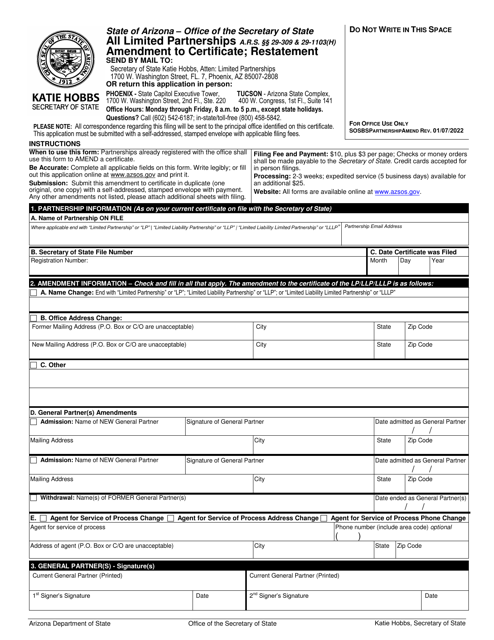 Amendment to Certificate; Restatement - Arizona Download Pdf