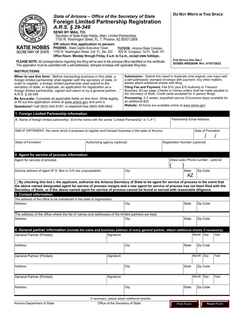 Foreign Limited Partnership Registration - Arizona Download Pdf