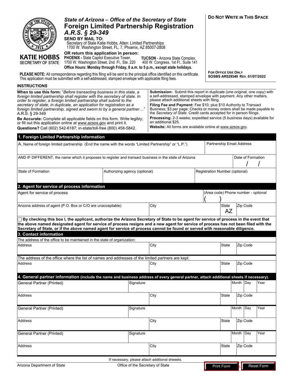 Foreign Limited Partnership Registration - Arizona, Page 1