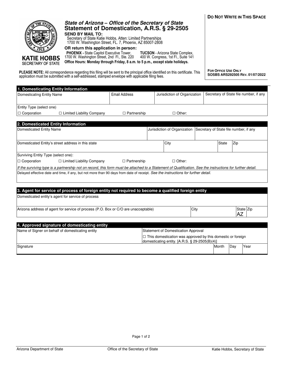 Statement of Domestication - Arizona, Page 1