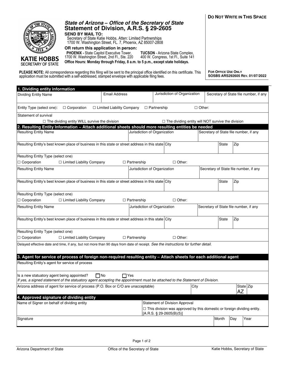 Statement of Division - Arizona, Page 1