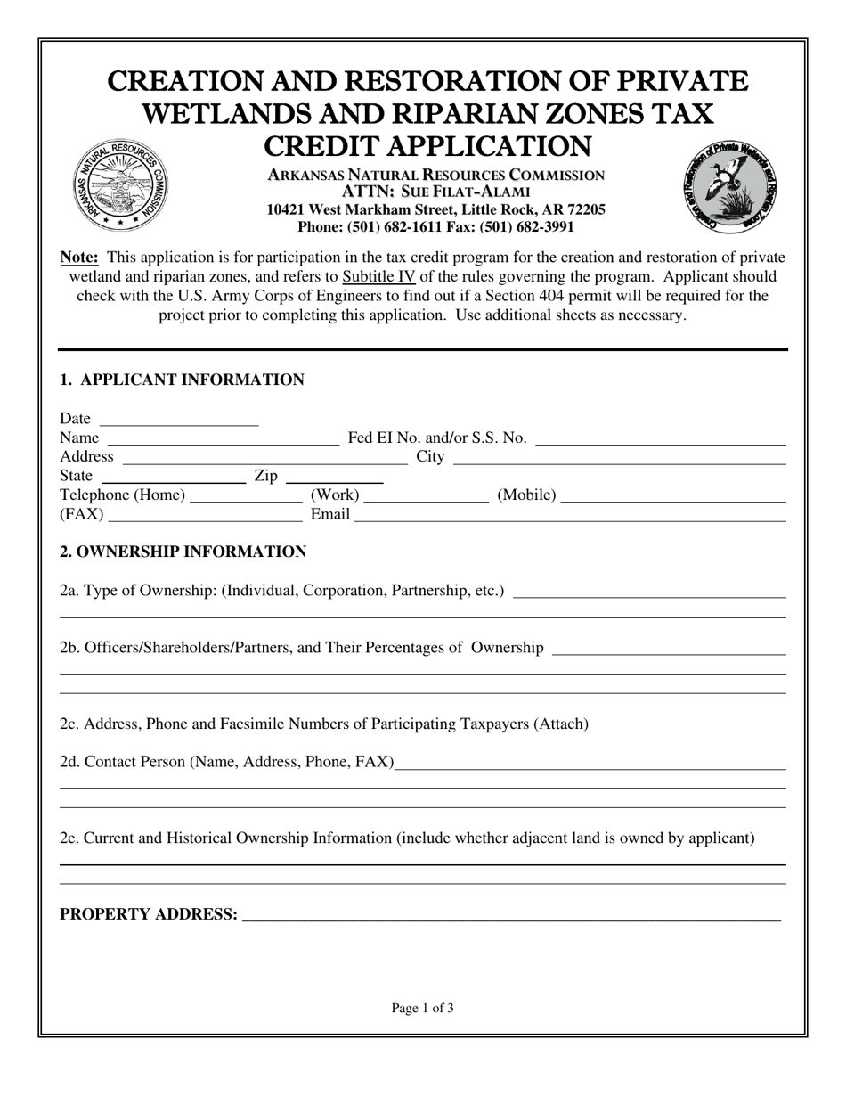 Creation and Restoration of Private Wetlands and Riparian Zones Tax Credit Application - Arkansas, Page 1