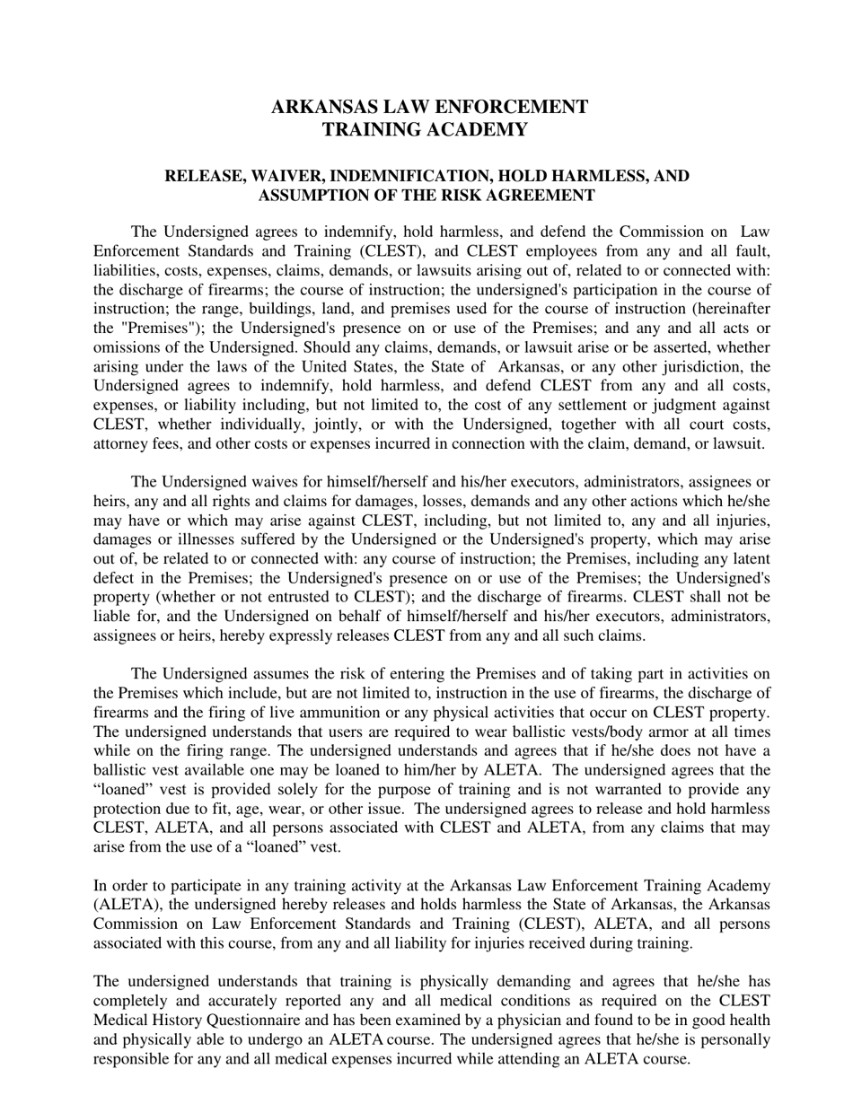 Release, Waiver, Indemnification, Hold Harmless, and Assumption of the Risk Agreement - Arkansas, Page 1