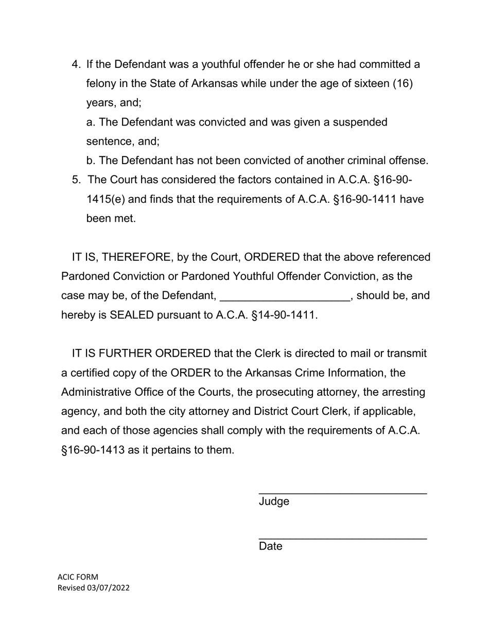 Order to Seal Records of a Pardoned Offender or Pardoned Youthful Felony Offender Under Act 1460 of 2013; a.c.a.16-90-1401, Et. Seq. - Arkansas, Page 2