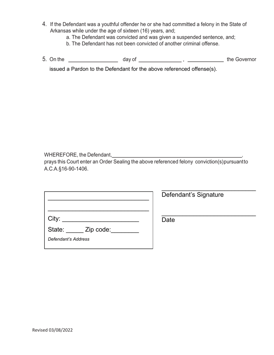Petition to Seal Records of a Pardoned Offender or Pardonaed Youthful Felony Offender Under Act 1460 of 2013; a.c.a.16-90-1401, Et. Seq. - Arkansas, Page 2