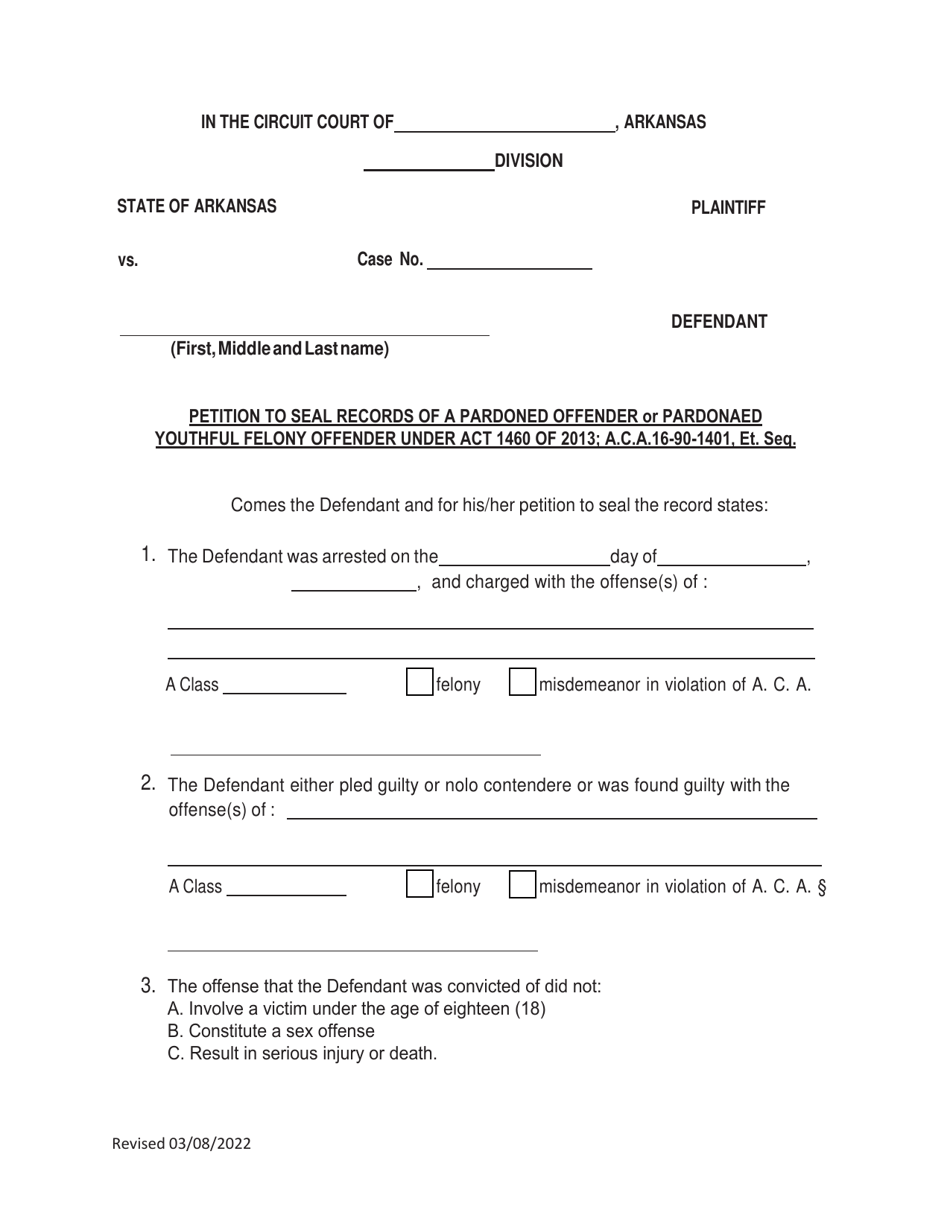 Arkansas Petition to Seal Records of a Pardoned Offender or Pardonaed