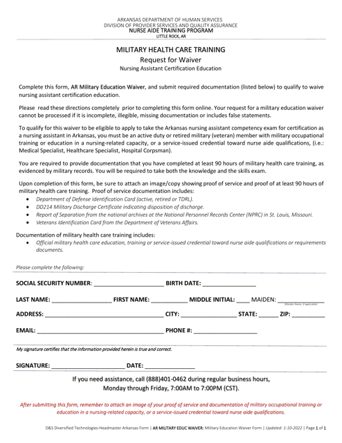 Request for Military Waiver - Nursing Assistant Certification Education - Arkansas Download Pdf