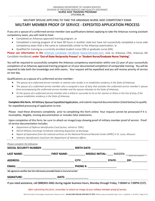 Military Spouse Expedited Application - Nurse Aide Training Program - Arkansas Download Pdf
