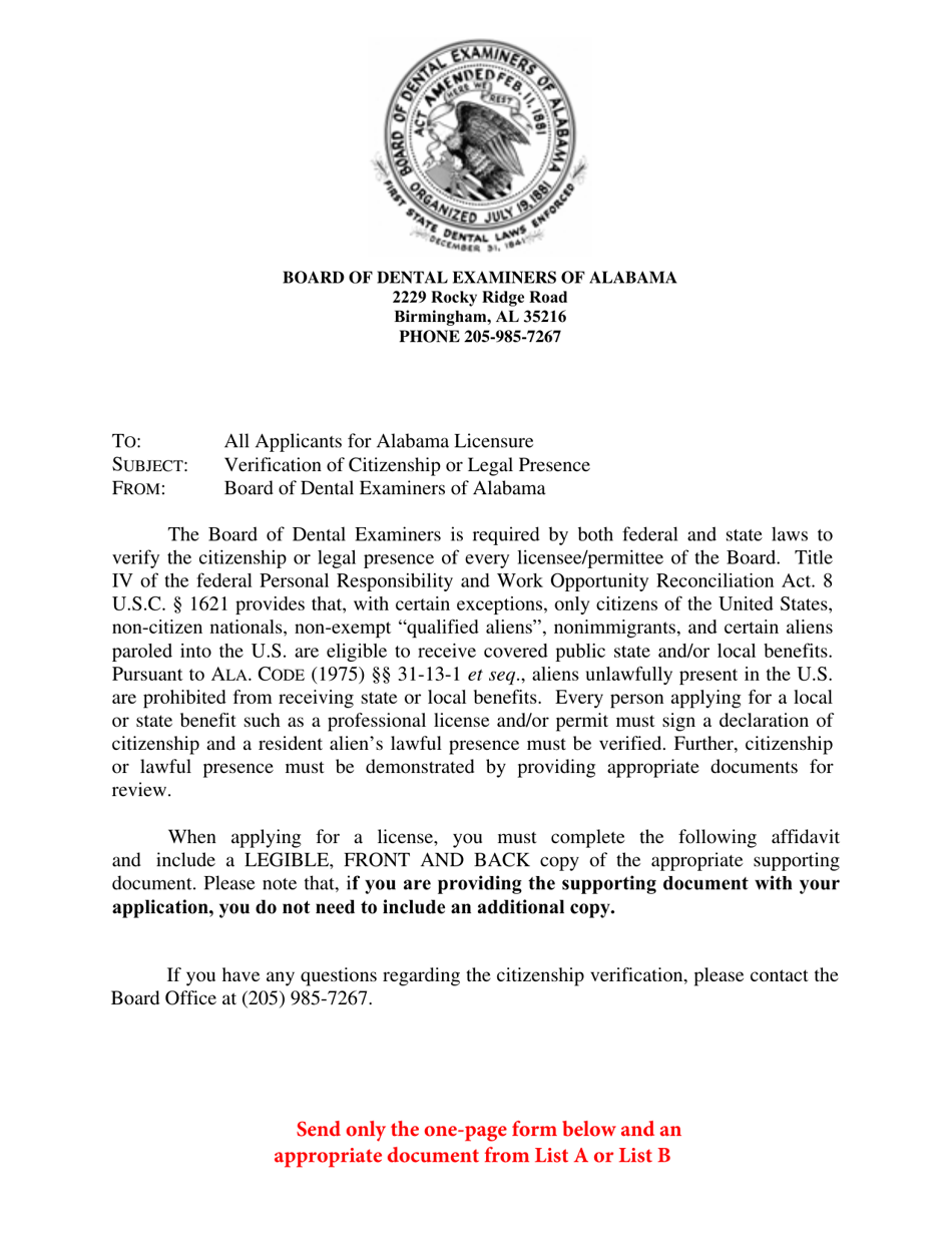Declaration of Citizenship and Lawful Presence of an Alien Resident - Alabama, Page 1