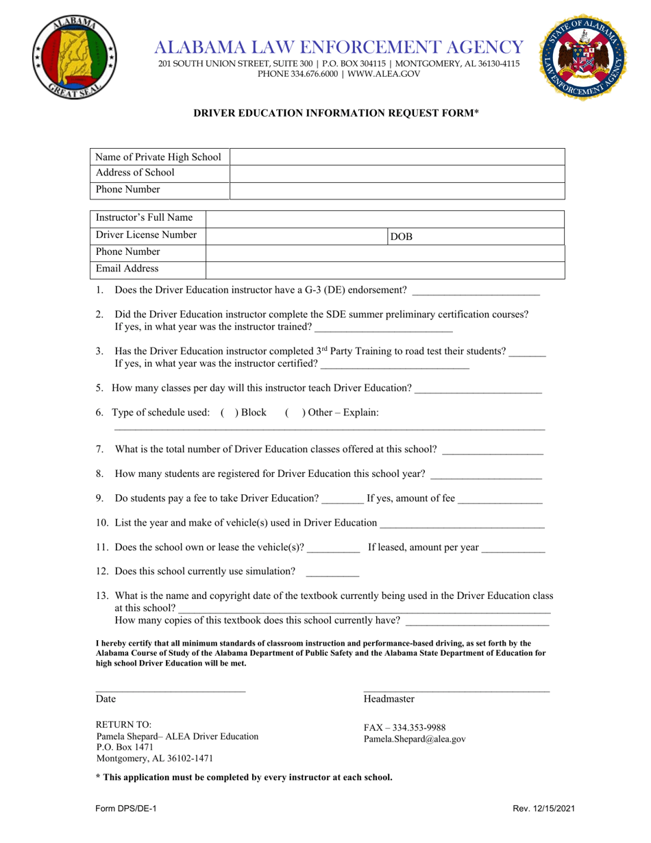 Form DPS/DE-1 Driver Education Information Request Form - Alabama, Page 1