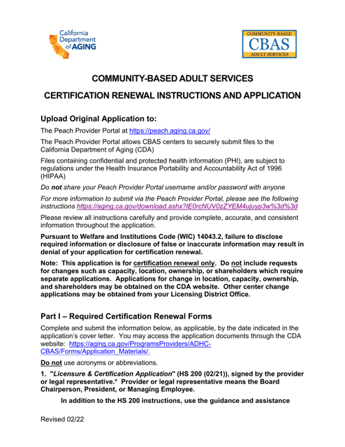Community-Based Adult Services Certification Renewal Instructions and Application - California Download Pdf