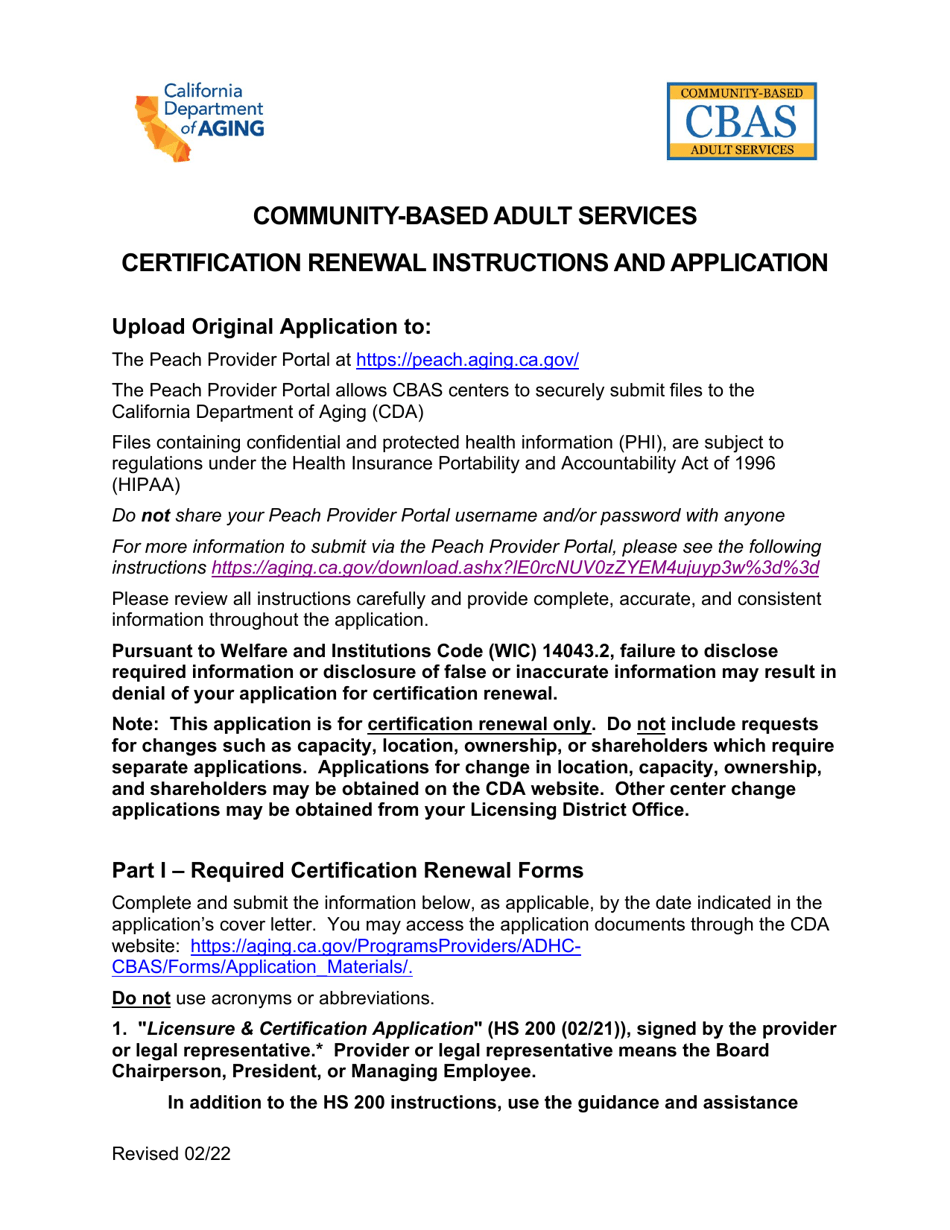 Community-Based Adult Services Certification Renewal Instructions and Application - California, Page 1