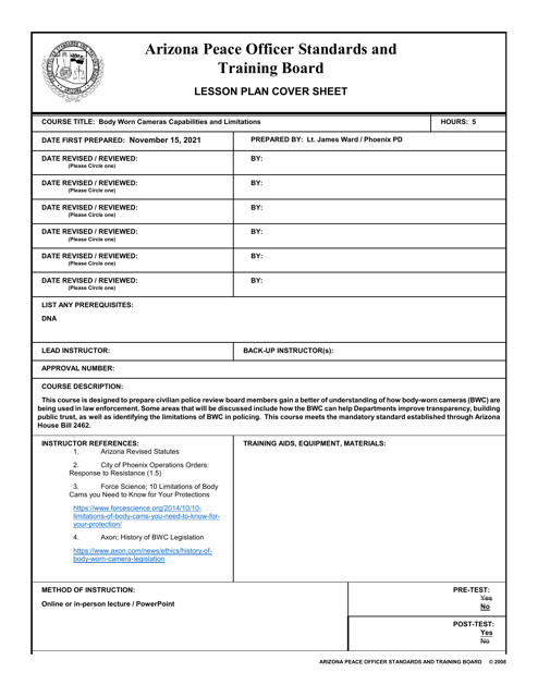 Lesson Plan Cover Sheet - Body Worn Cameras Capabilities and Limitations - Arizona Download Pdf