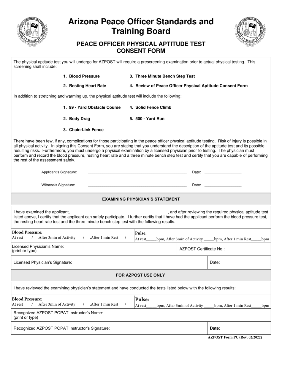 AZPOST Form PC Peace Officer Physical Aptitude Test Consent Form - Arizona, Page 1