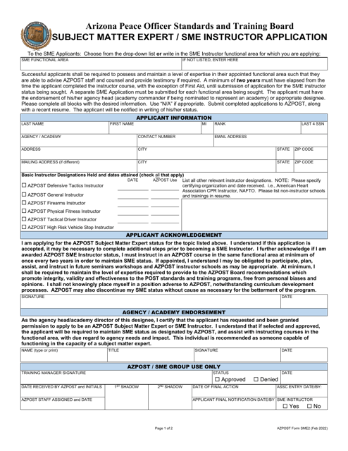 AZPOST Form SME2 Subject Matter Expert/Sme Instructor Application - Arizona