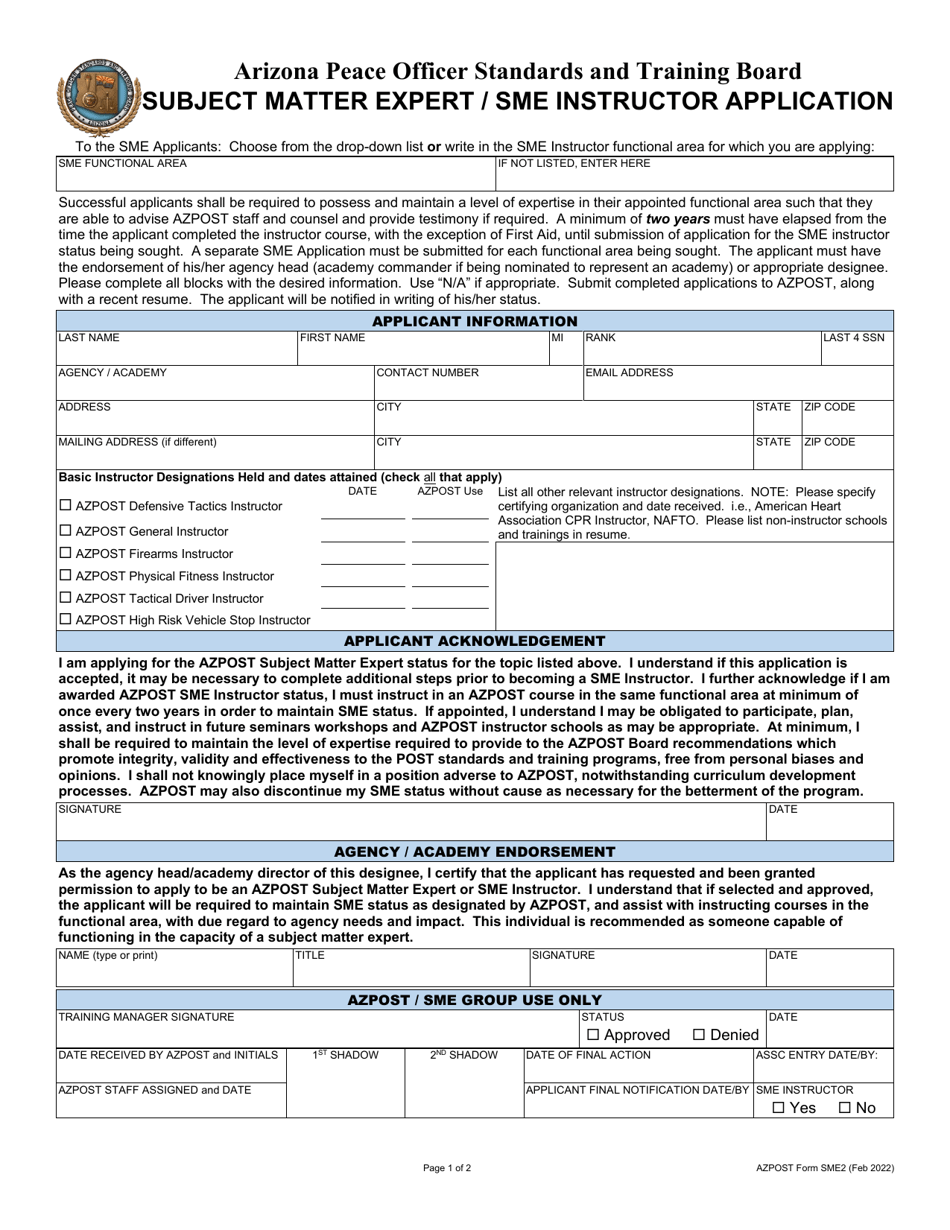 AZPOST Form SME2 Subject Matter Expert / Sme Instructor Application - Arizona, Page 1