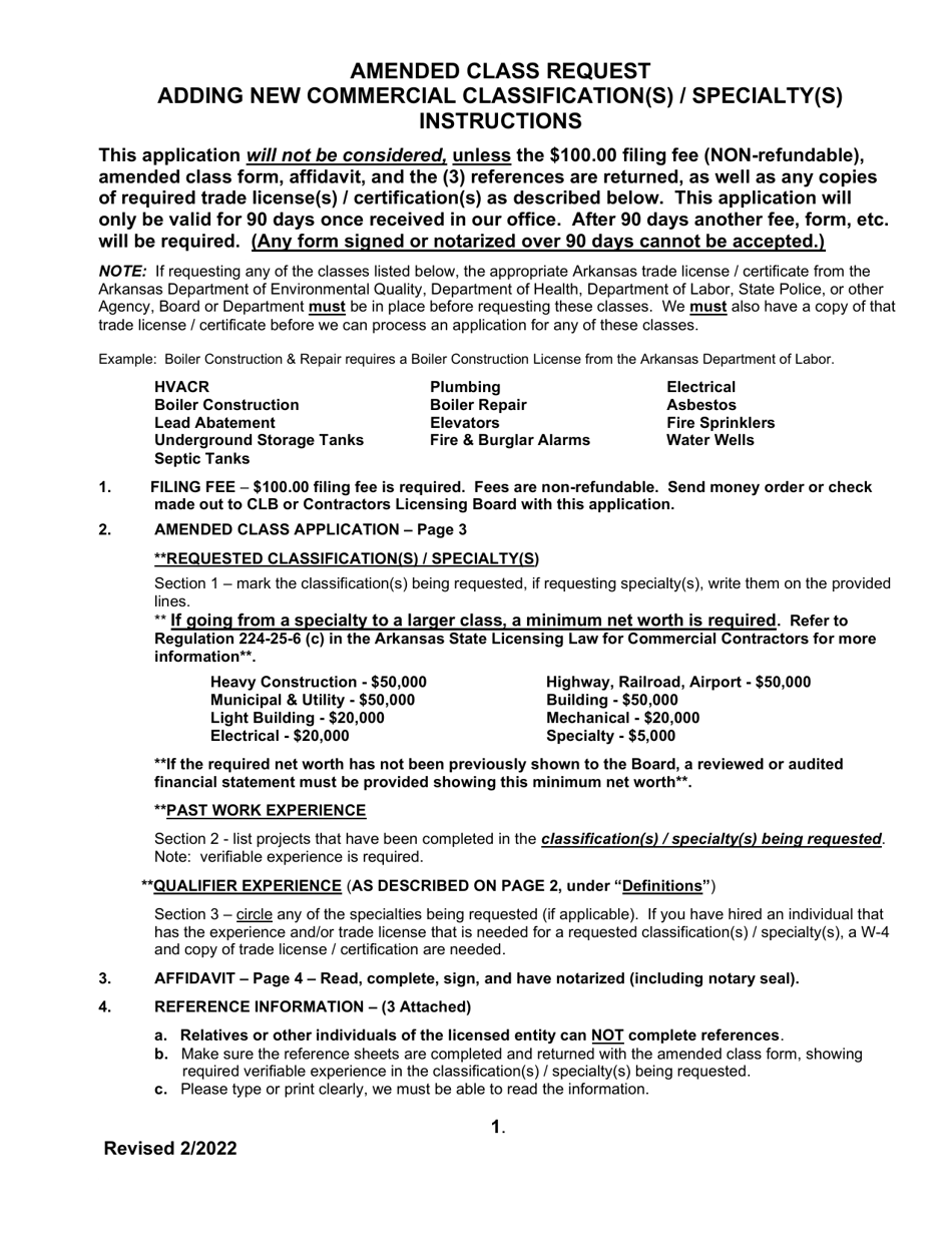 Amended Class Application - Commercial - Arkansas, Page 1