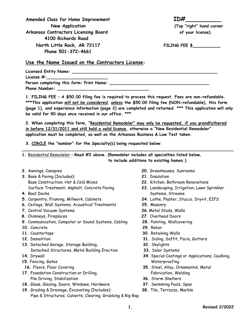 Amended Class for Home Improvement New Application - Arkansas, Page 1