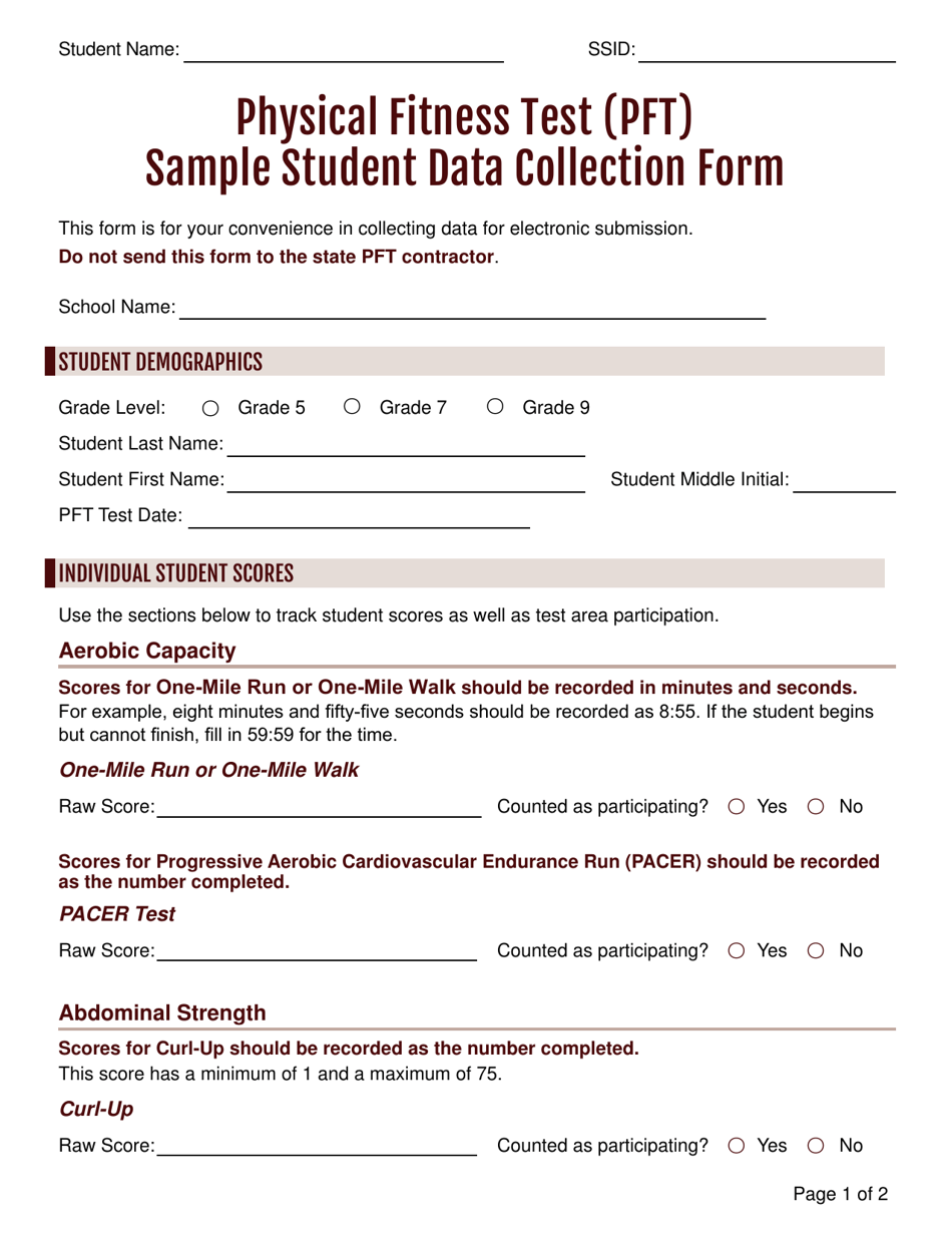 California Physical Fitness Test (Pft) Sample Student Data Collection
