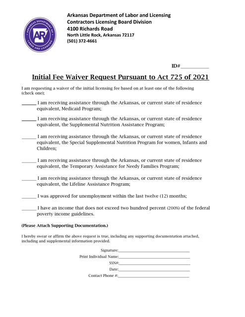 Initial Fee Waiver Request Pursuant to Act 725 of 2021 - Arkansas Download Pdf