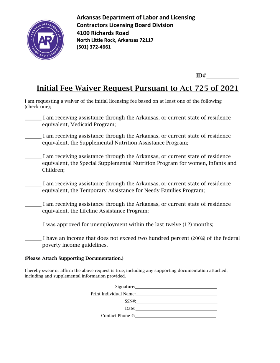 Arkansas Initial Fee Waiver Request Pursuant to Act 725 of 2021 Fill Out, Sign Online and
