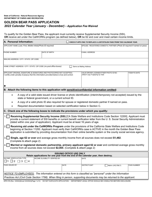 Form DPR578 Golden Bear Pass Application - California, 2022