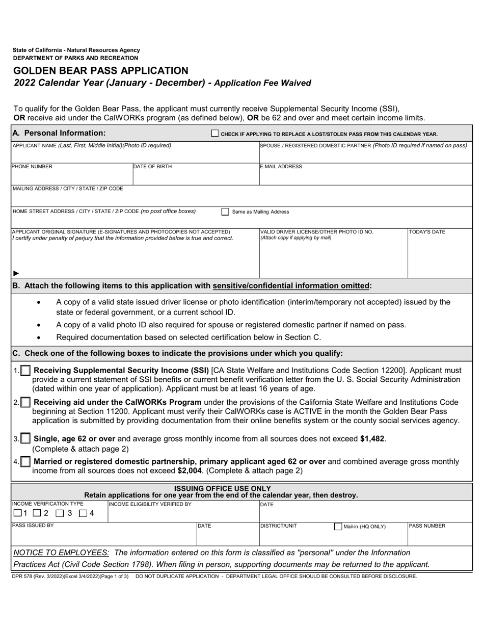 Form DPR578 Golden Bear Pass Application - California, Page 1