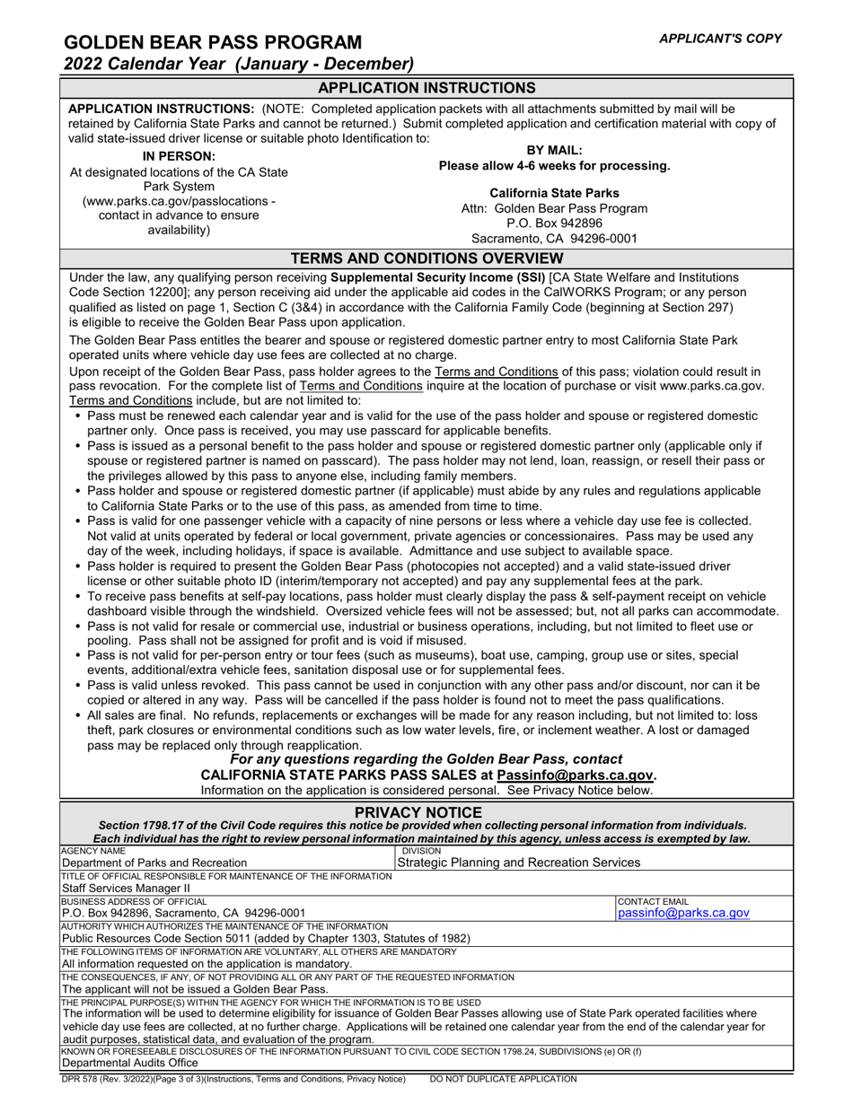 Form DPR578 Golden Bear Pass Application - California, Page 3