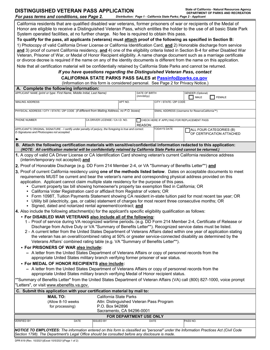 Form DPR619 Distinguished Veteran Pass Application - California, Page 1